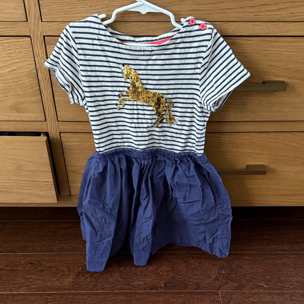 Mini Boden Striped Dress with Gold Horse and Blue Skirt